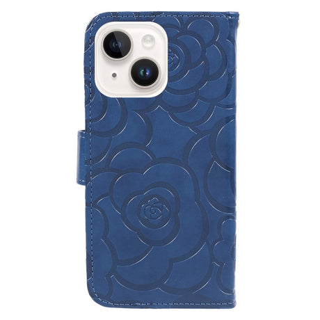 iPhone 15 Plus Artificial Leather Case w. Wallet og Strap - Camellia Flower - Blue