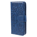 iPhone 15 Plus Artificial Leather Case w. Wallet og Strap - Camellia Flower - Blue