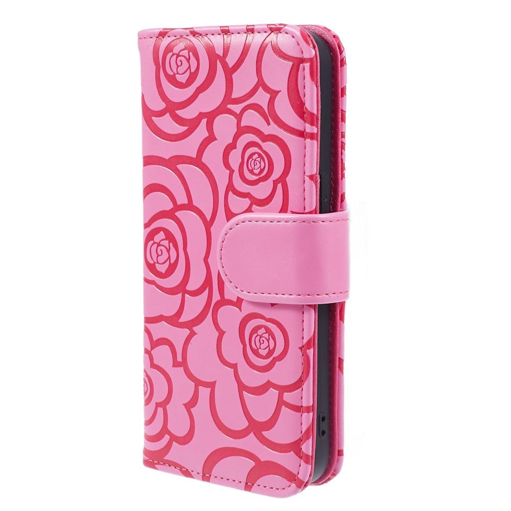 iPhone 15 Pro Max Artificial Leather Case w. Wallet og Strap - Camellia Flower - Pink