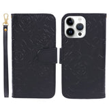 iPhone 15 Pro Max Artificial Leather Case w. Wallet og Strap - Camellia Flower - Black