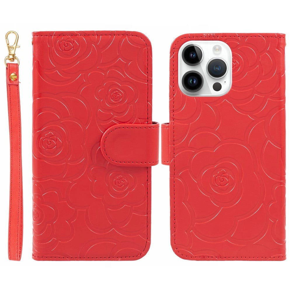 iPhone 15 Pro Max Artificial Leather Case w. Wallet og Strap - Camellia Flower - Red