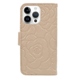 iPhone 15 Pro Max Artificial Leather Case w. Wallet og Strap - Camellia Flower - Gold