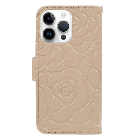 iPhone 15 Pro Max Artificial Leather Case w. Wallet og Strap - Camellia Flower - Gold