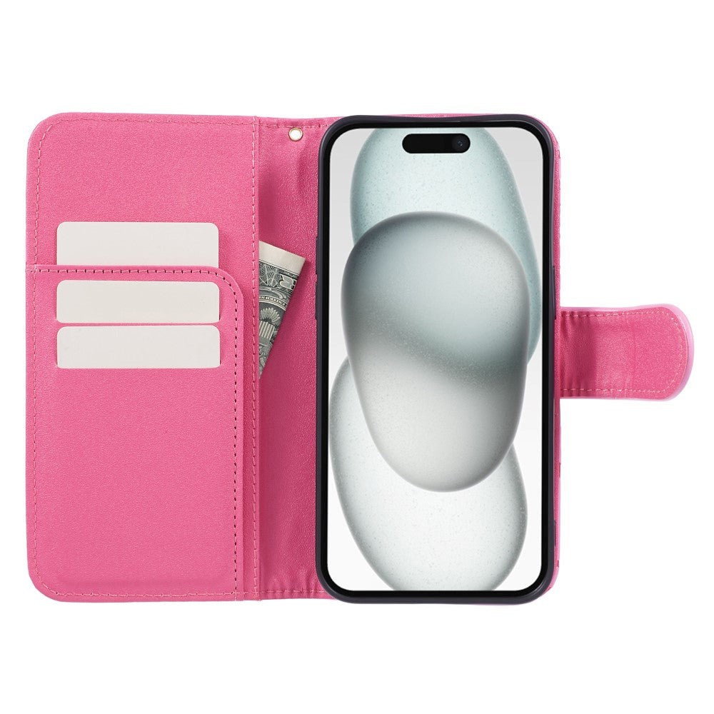 iPhone 15 Artificial Leather Case w. Wallet og Strap - Camellia Flower - Pink