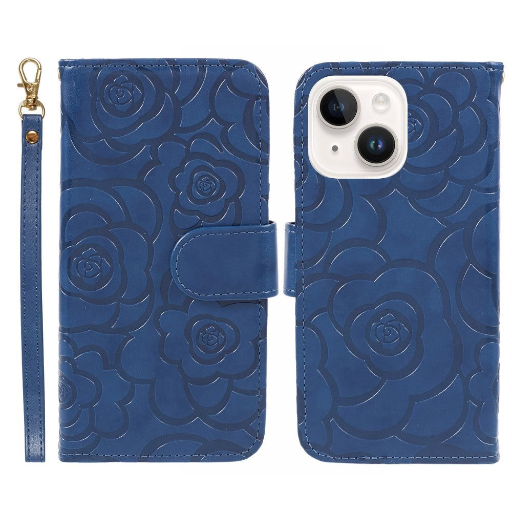 iPhone 15 Artificial Leather Case w. Wallet og Strap - Camellia Flower - Blue