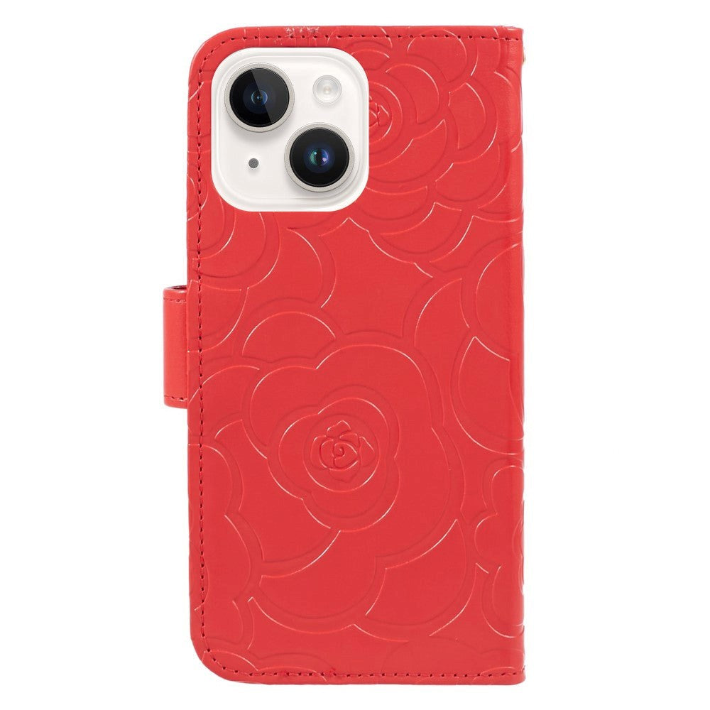 iPhone 15 Artificial Leather Case w. Wallet og Strap - Camellia Flower - Red