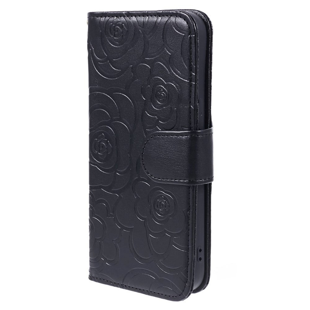 iPhone 15 Artificial Leather Case w. Wallet og Strap - Camellia Flower - Black