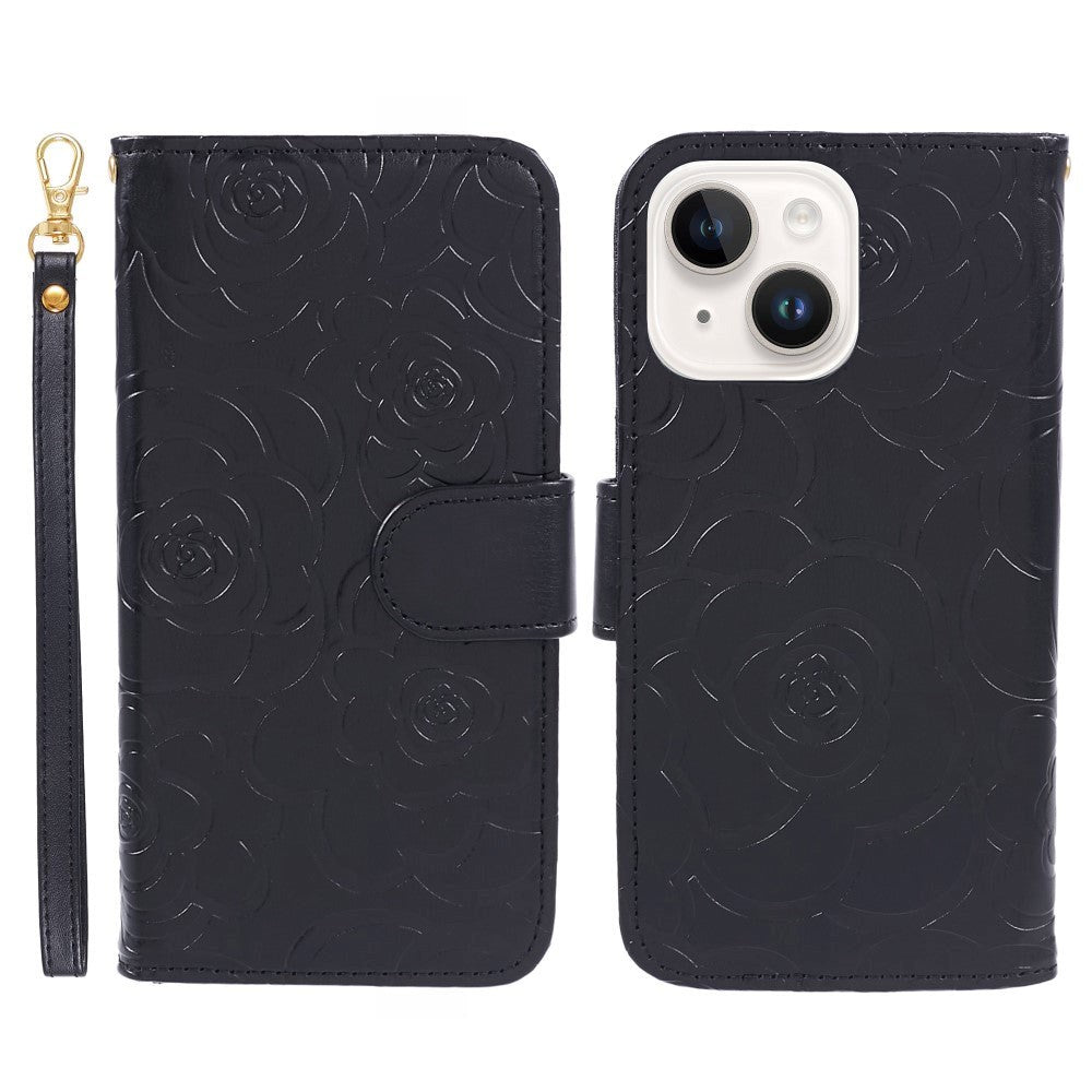 iPhone 15 Artificial Leather Case w. Wallet og Strap - Camellia Flower - Black