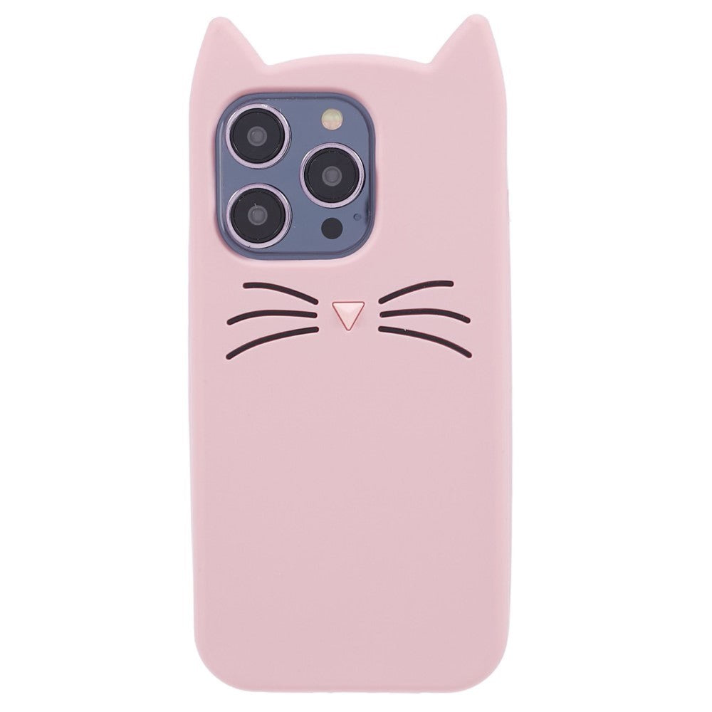 iPhone 13 Pro Silicone Case with 3D Cat - Pink