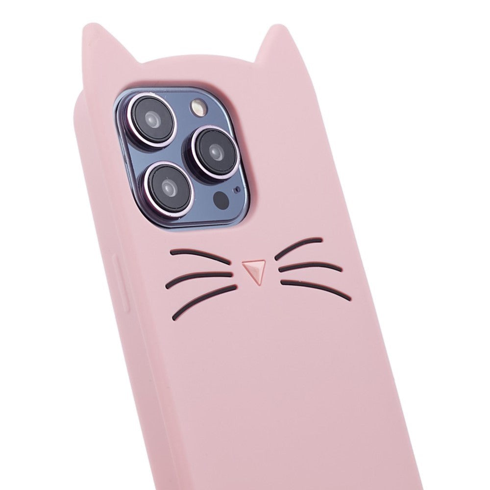 iPhone 13 Pro Max Silicone Case with 3D Cat - Pink