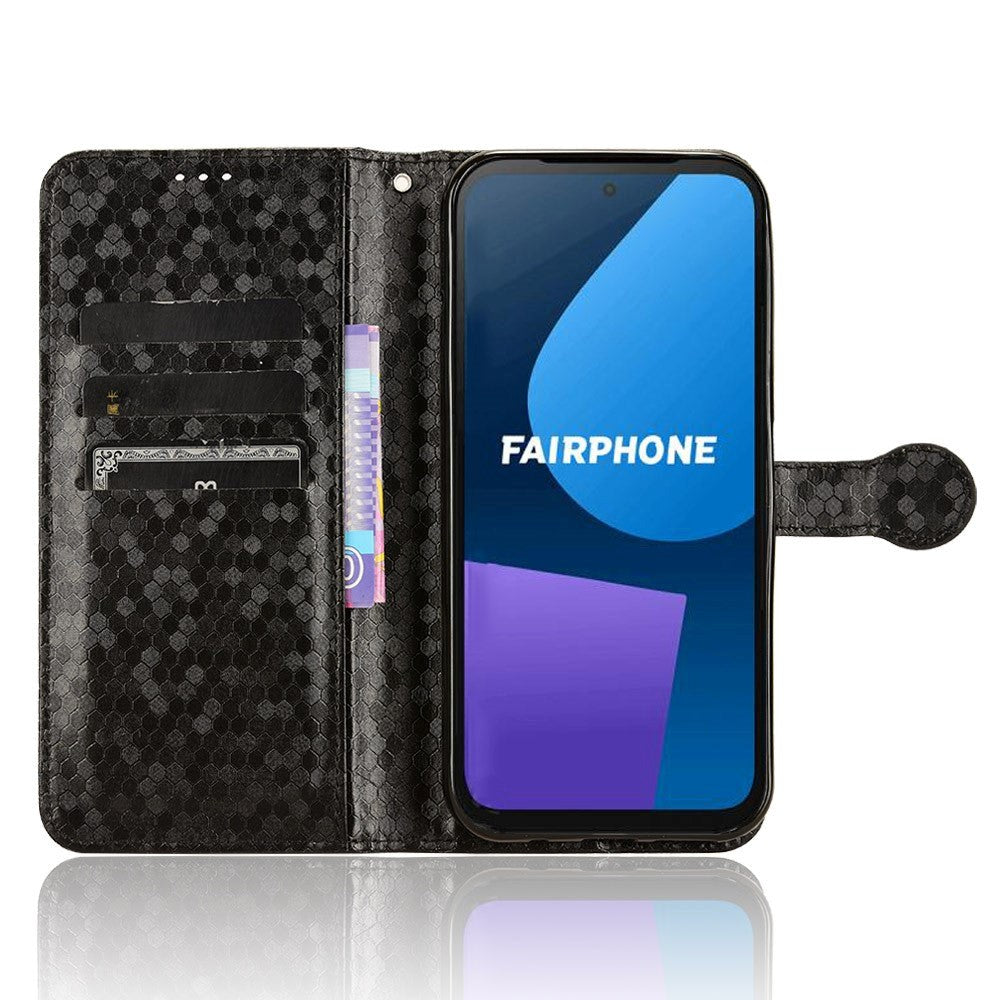 Fairphone 5 Leather Flip Case with Wallet and Strap - Hexagon Engraving - Black