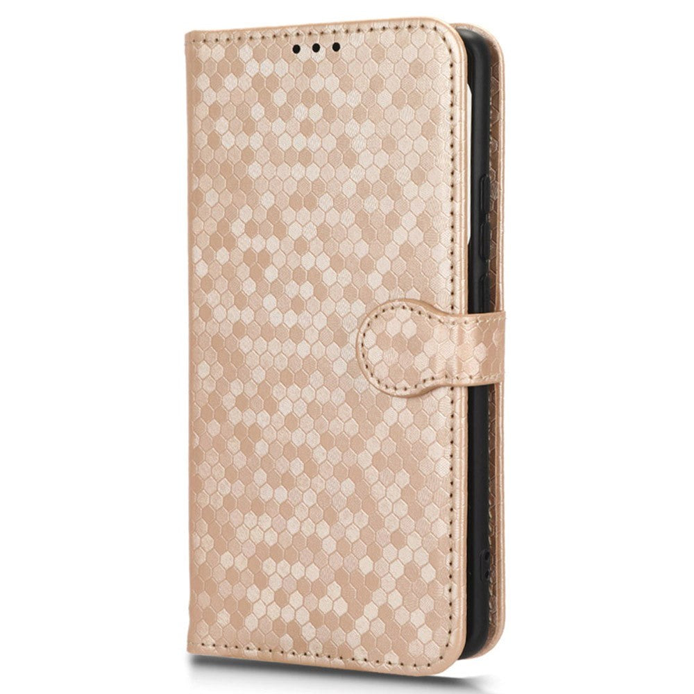 Fairphone 5 Leather Flip Case with Wallet and Strap - Hexagon Engraving - Gold