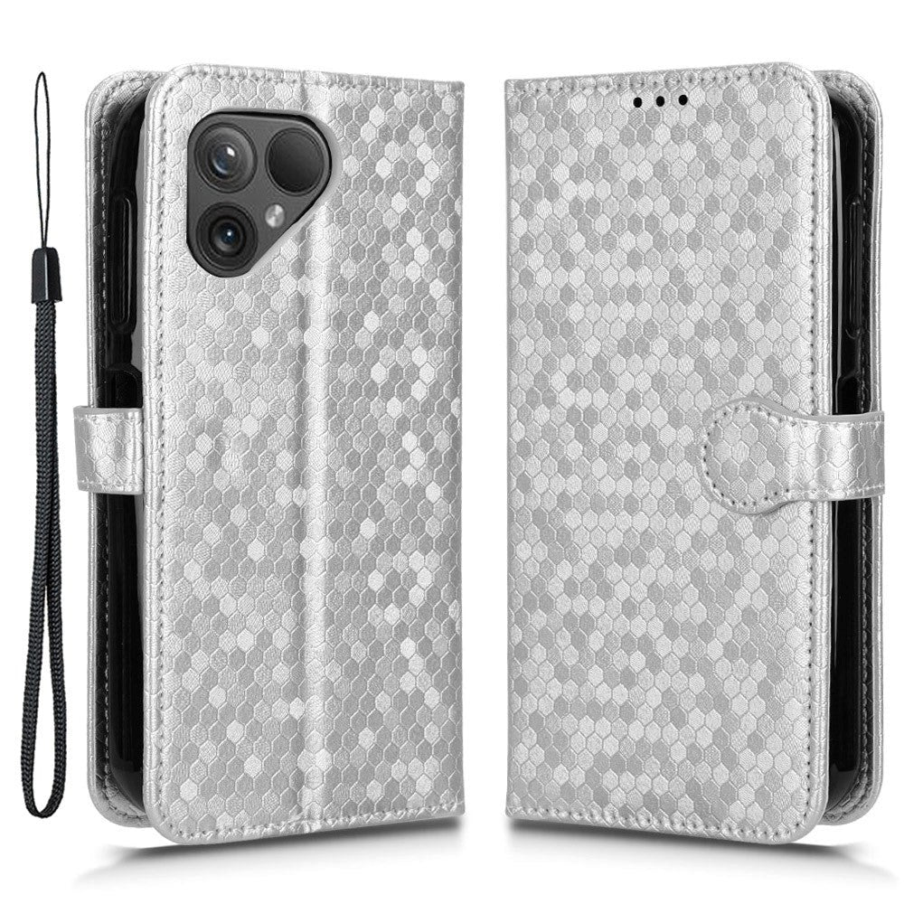 Fairphone 5 Leather Flip Case with Wallet and Strap - Hexagon Engraving - Silver