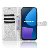 Fairphone 5 Leather Flip Case with Wallet and Strap - Hexagon Engraving - Silver