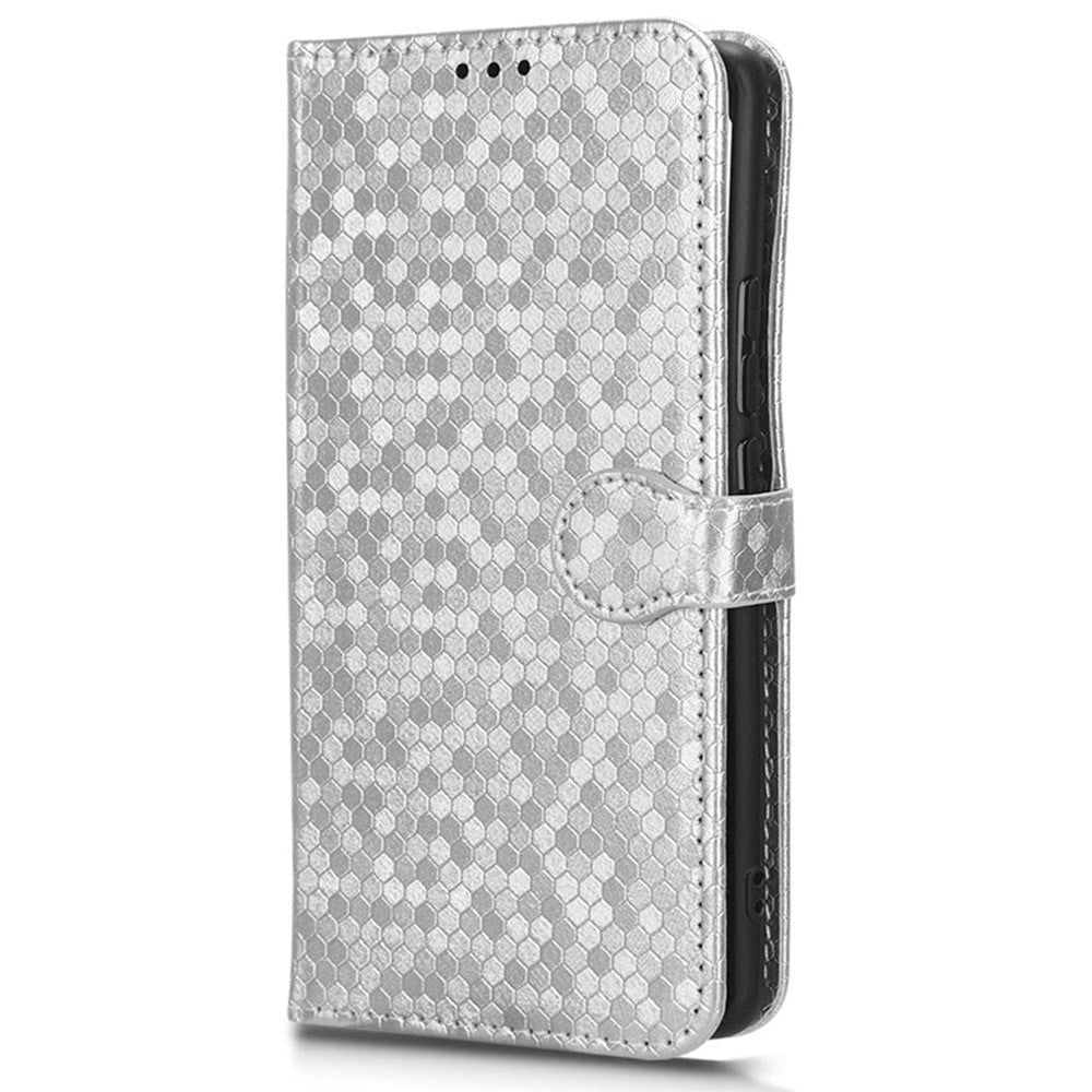 Fairphone 5 Leather Flip Case with Wallet and Strap - Hexagon Engraving - Silver