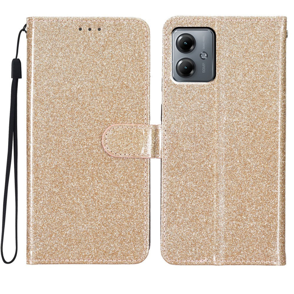 EIDERWOOD Motorola Moto G54 Leather Flip Case with Wallet and Strap - Glitter - Gold