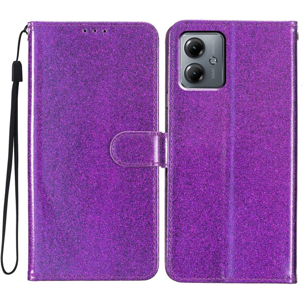 EIDERWOOD Motorola Moto G54 Leather Flip Case with Wallet and Strap - Glitter - Purple