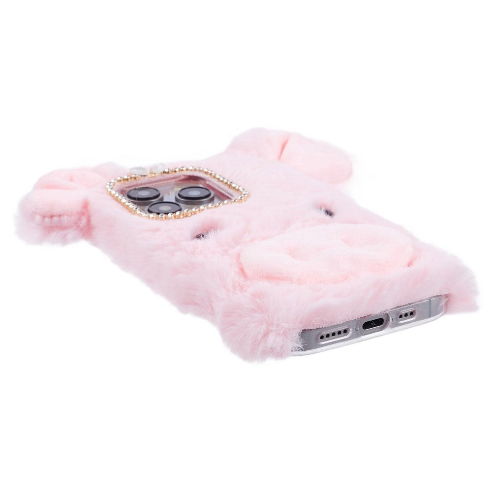 iPhone 15 Pro Flexible Plastic Back Cover w. Fur - Pig - Pink