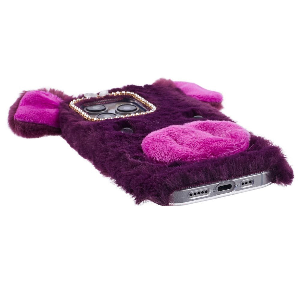 iPhone 15 Pro Flexible Plastic Back Cover w. Fur - Pig - Purple