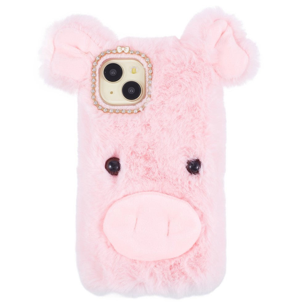 iPhone 15 Flexible Plastic Back Cover w. Fur - Pig - Pink