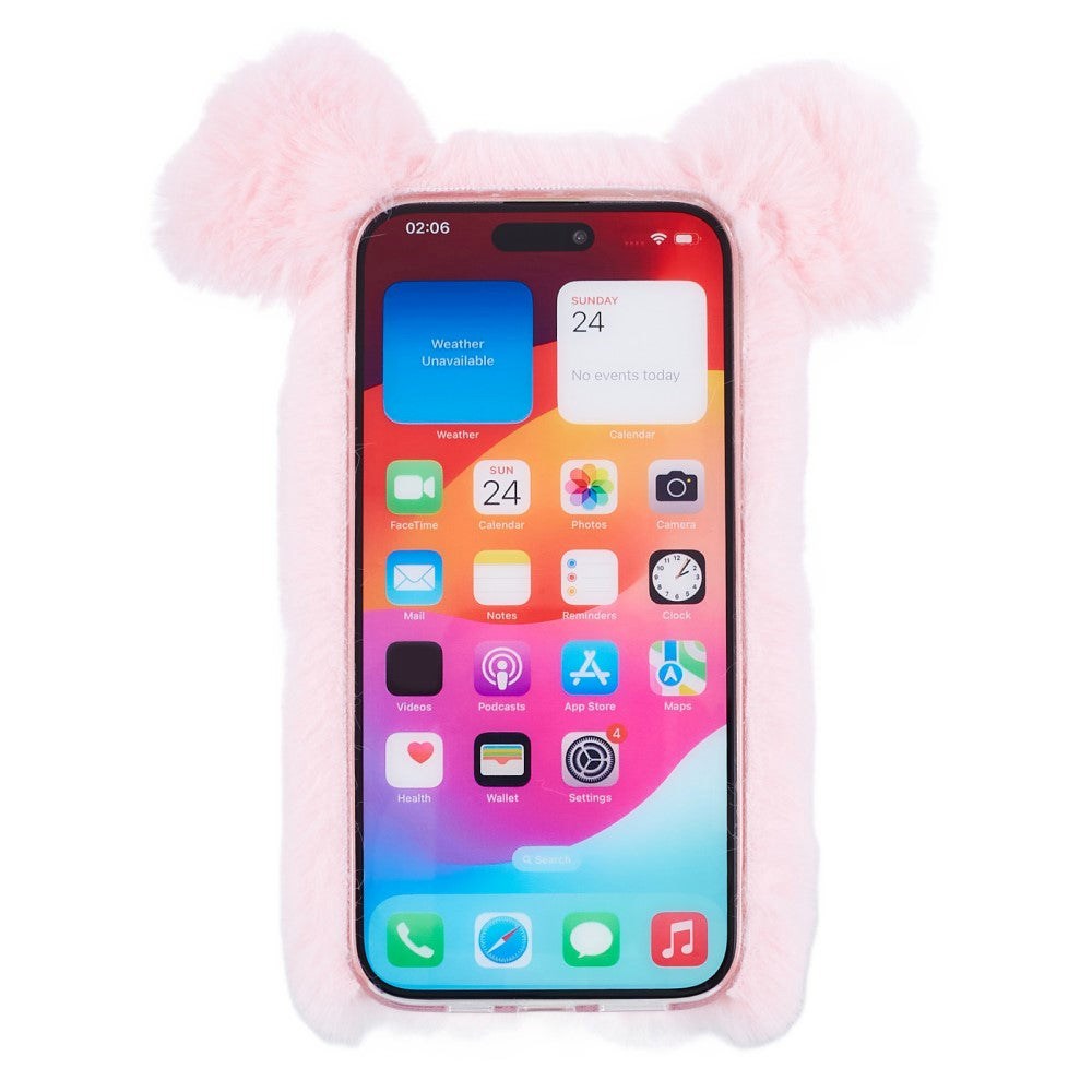 iPhone 15 Flexible Plastic Back Cover w. Fur - Pig - Pink