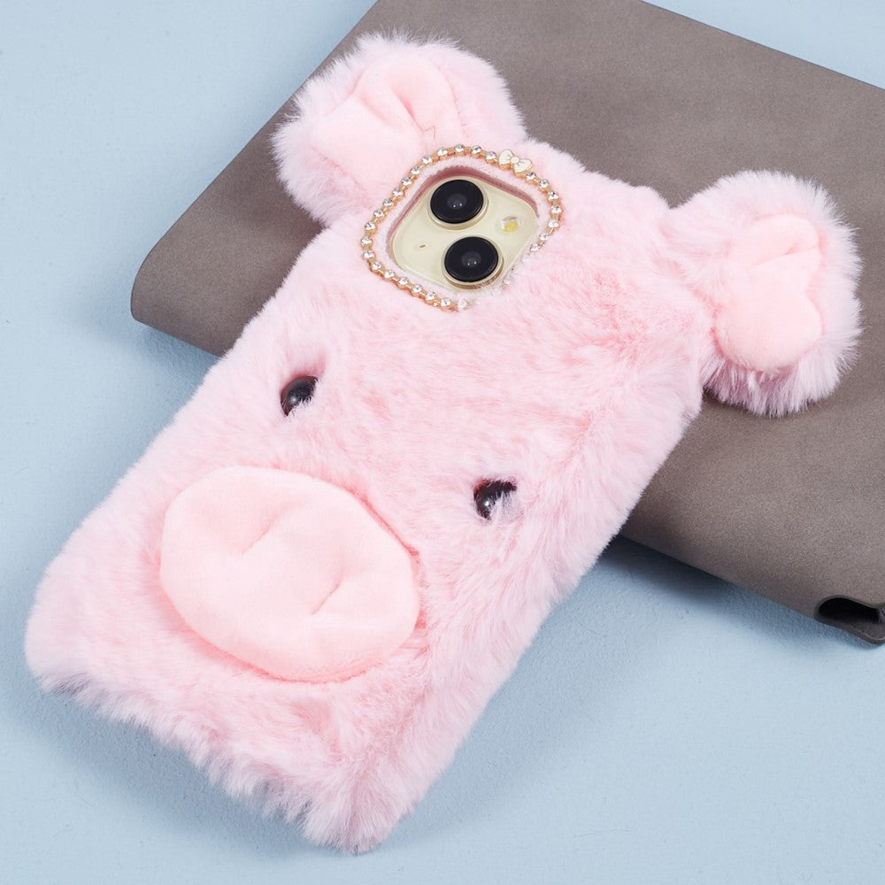 iPhone 15 Flexible Plastic Back Cover w. Fur - Pig - Pink