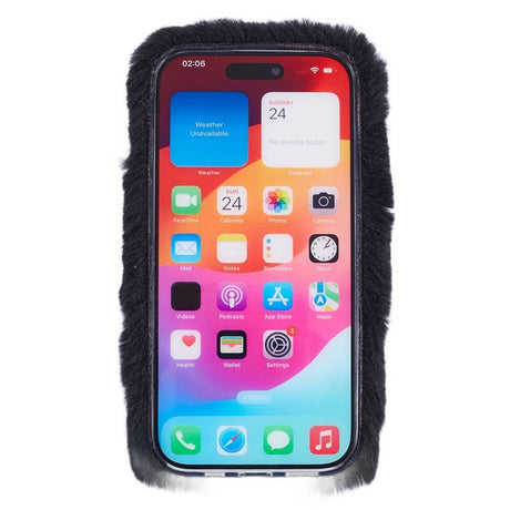 iPhone 15 Flexible Plastic Back Cover w. Fur - Heart - Black