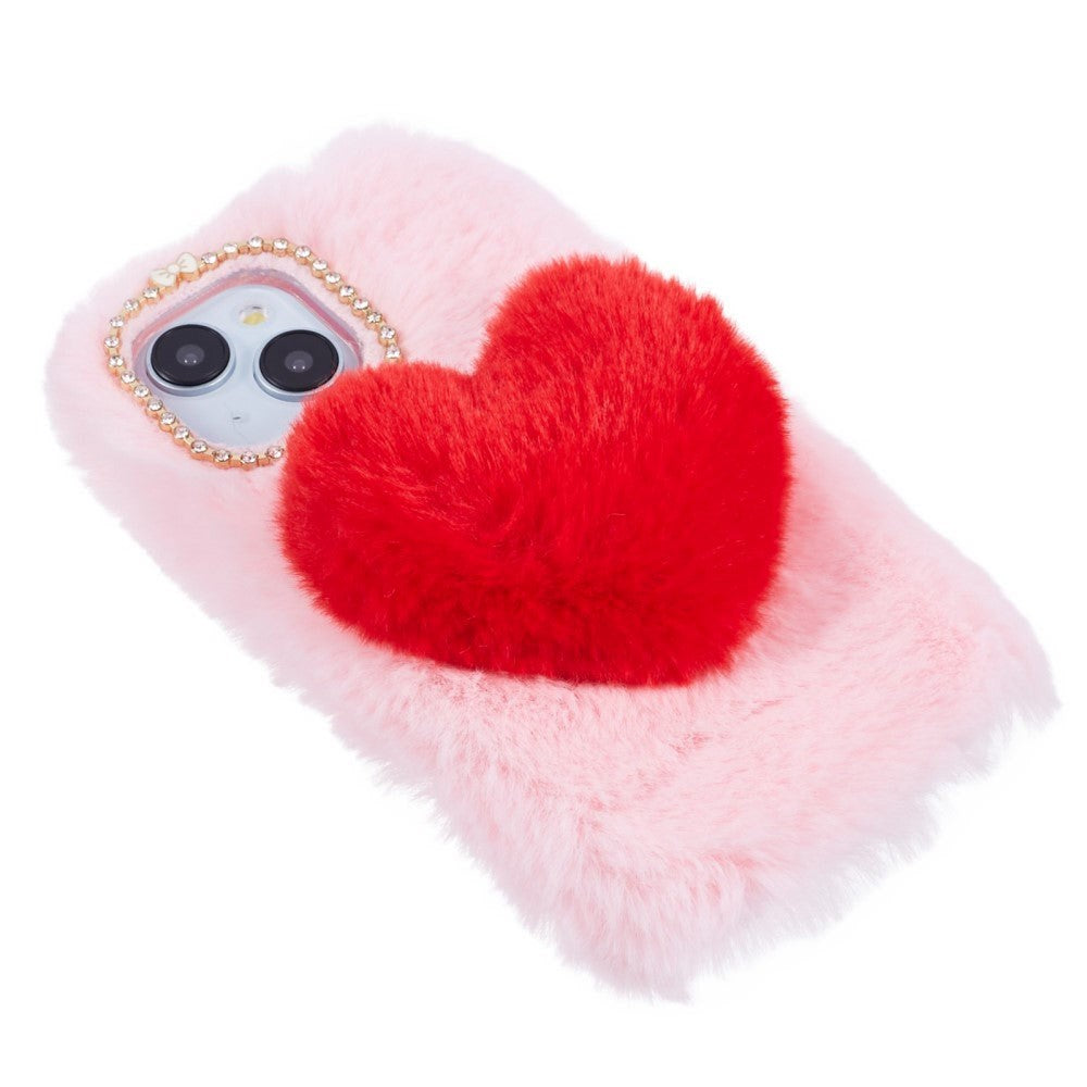 iPhone 15 Flexible Plastic Back Cover w. Fur - Heart - Red / Pink