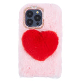 iPhone 15 Pro Flexible Plastic Back Cover w. Fur - Heart - Red / Pink