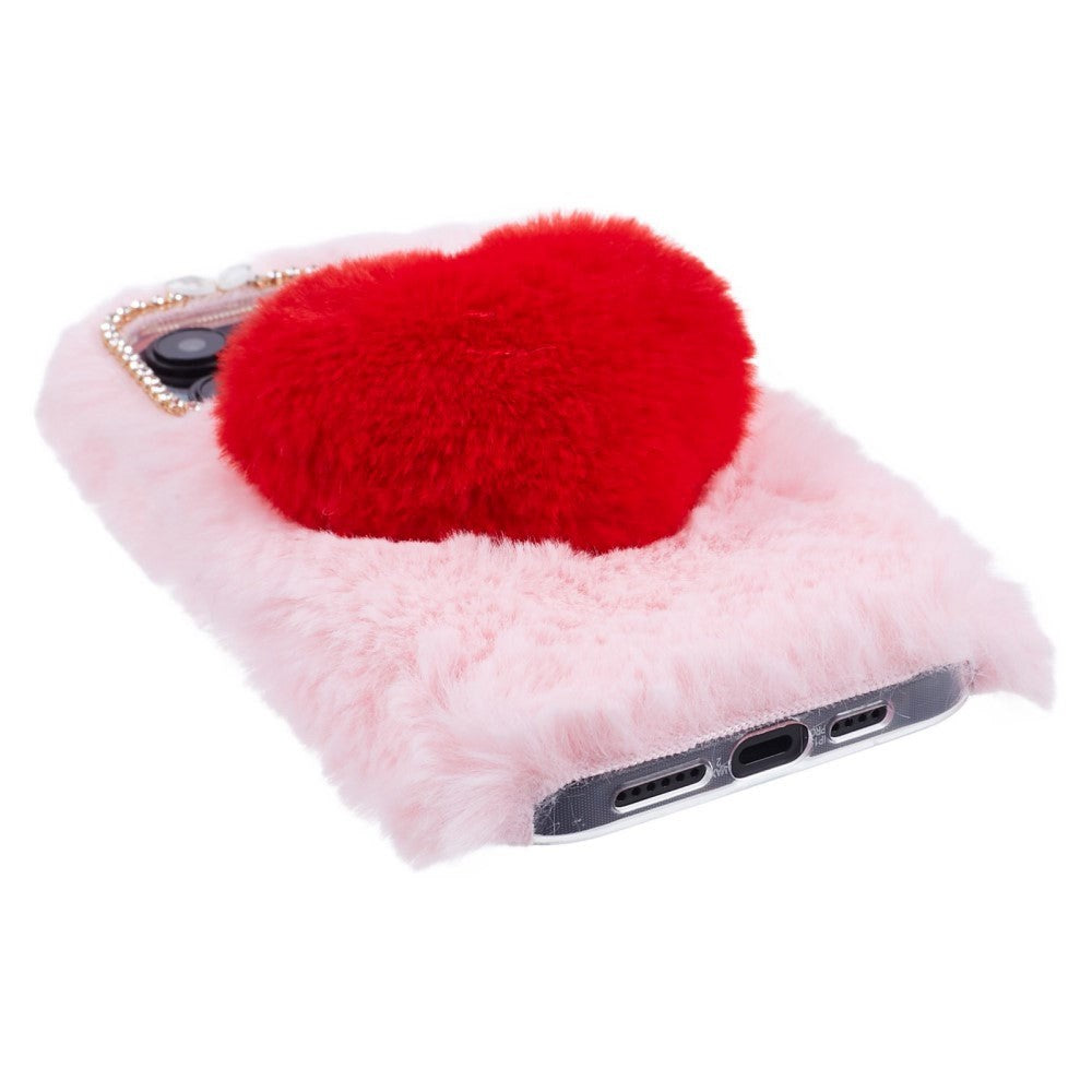 iPhone 15 Pro Flexible Plastic Back Cover w. Fur - Heart - Red / Pink