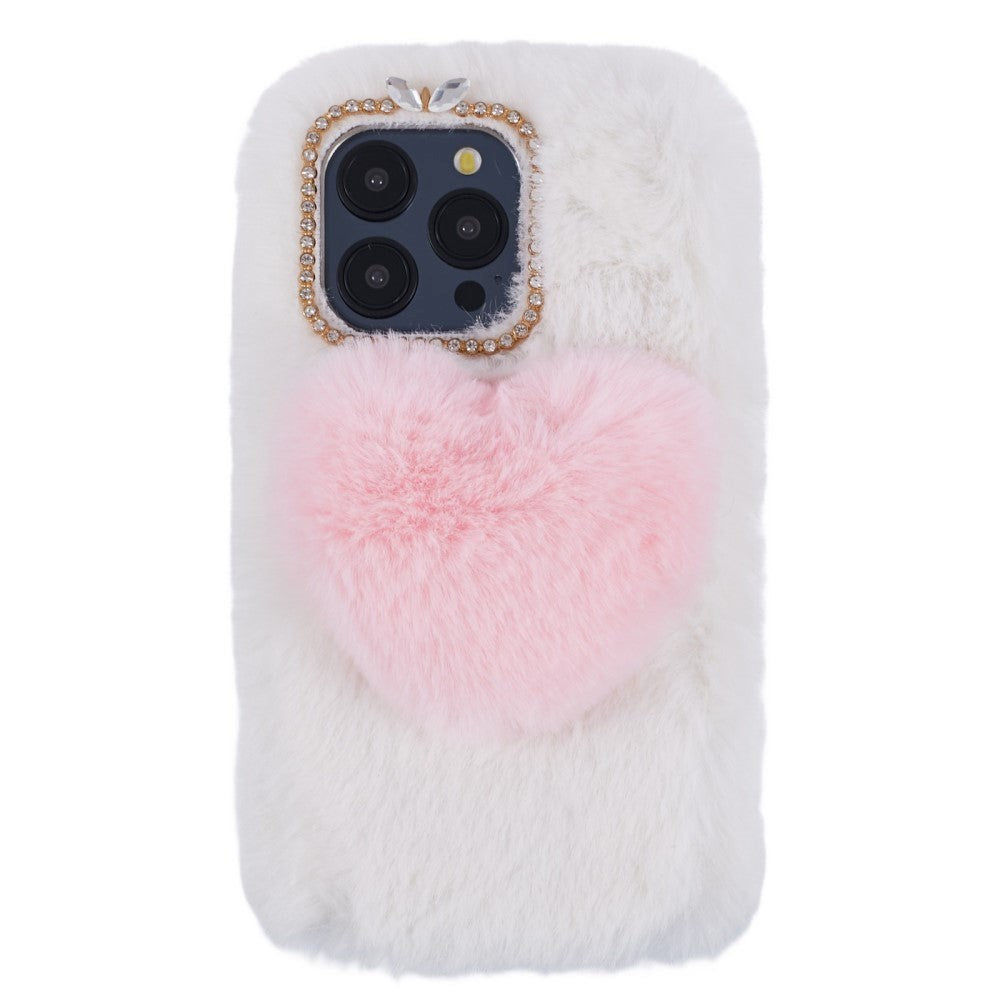 iPhone 15 Pro Flexible Plastic Back Cover w. Fur - Heart - Red / White