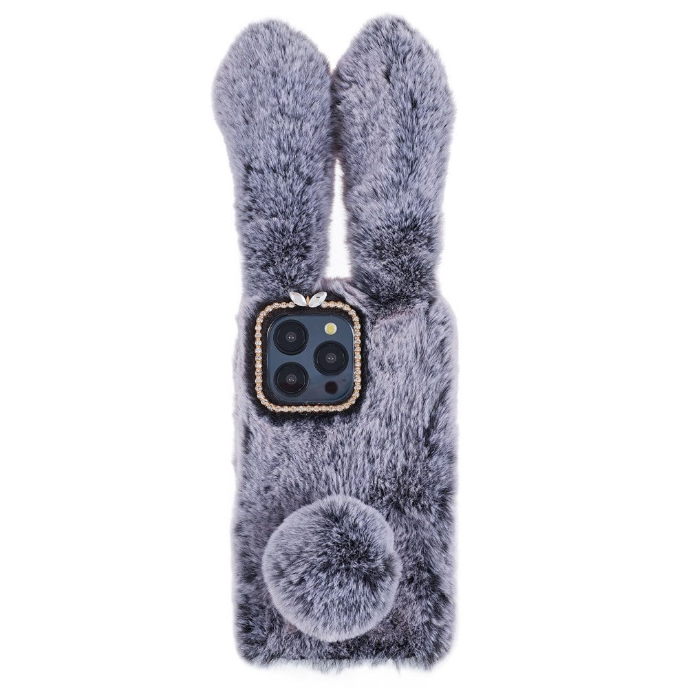 iPhone 15 Pro Flexible Plastic Back Cover w. Fur - Bunny Ears - Grey