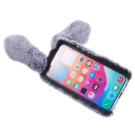 iPhone 15 Pro Flexible Plastic Back Cover w. Fur - Bunny Ears - Grey