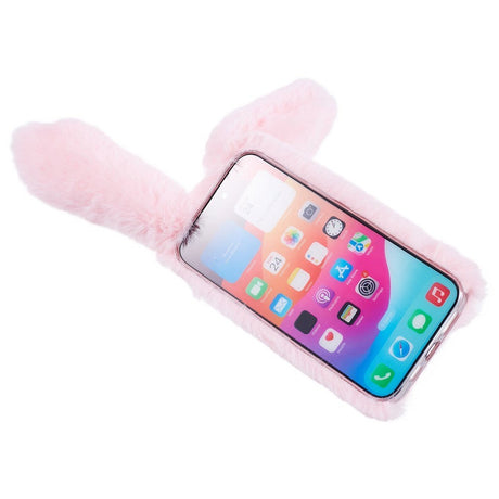 iPhone 15 Pro Flexible Plastic Back Cover w. Fur - Bunny Ears - Pink