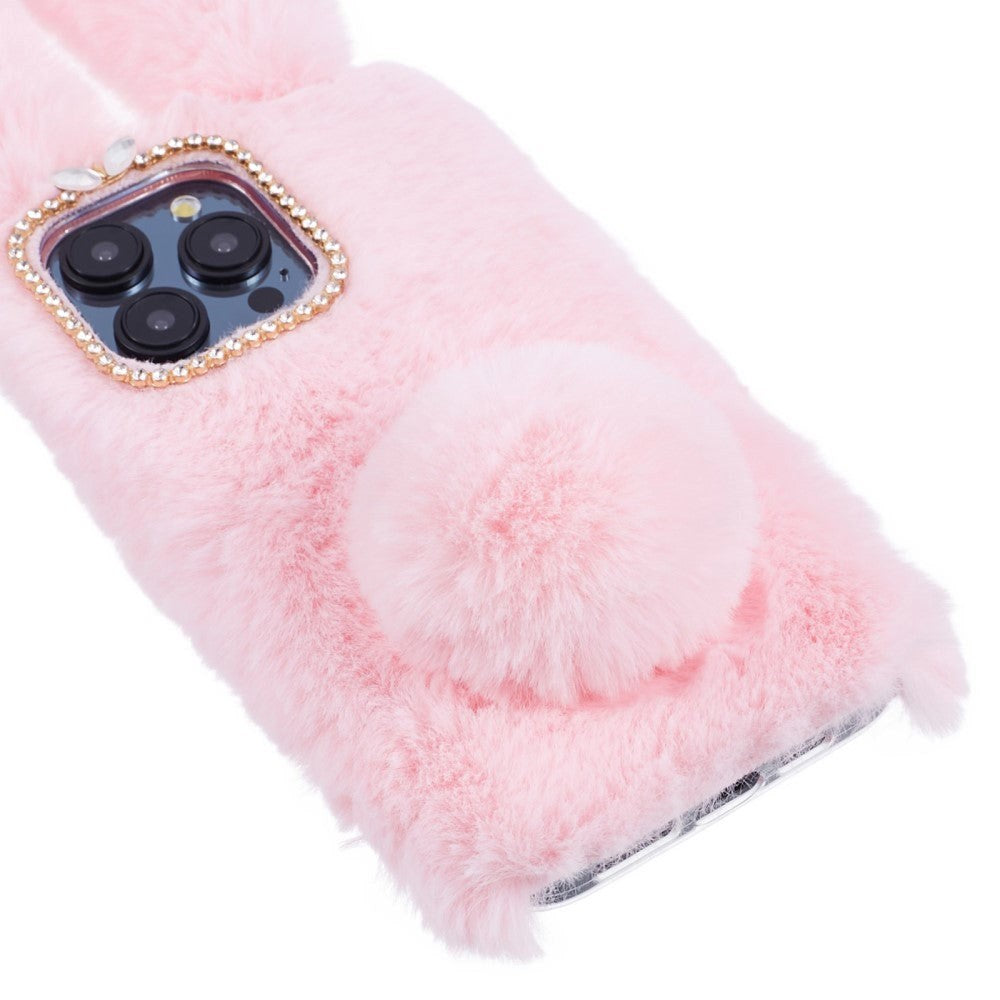 iPhone 15 Pro Flexible Plastic Back Cover w. Fur - Bunny Ears - Pink