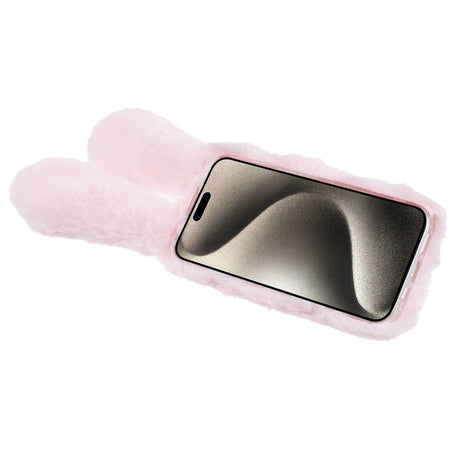 iPhone 15 Flexible Plastic Back Cover w. Fur - Bunny Ears - Pink