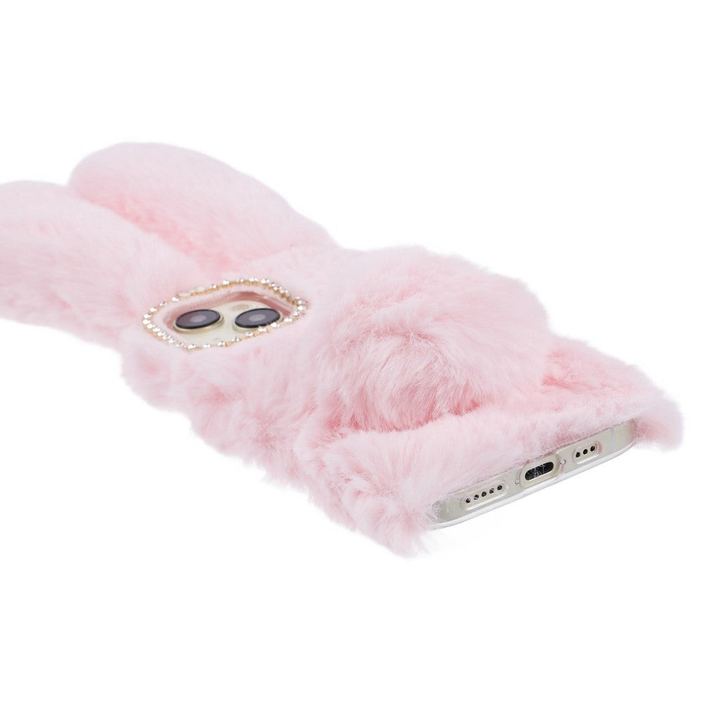 iPhone 15 Flexible Plastic Back Cover w. Fur - Bunny Ears - Pink