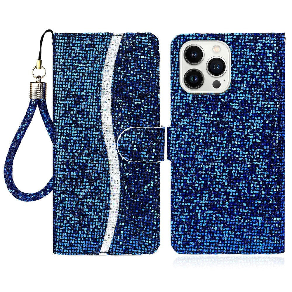 iPhone 15 Pro PU Leather Flip Case with Wallet & Strap - Glitter Design - Blue