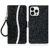 iPhone 15 Pro PU Leather Flip Case with Wallet & Strap - Glitter Design - Black