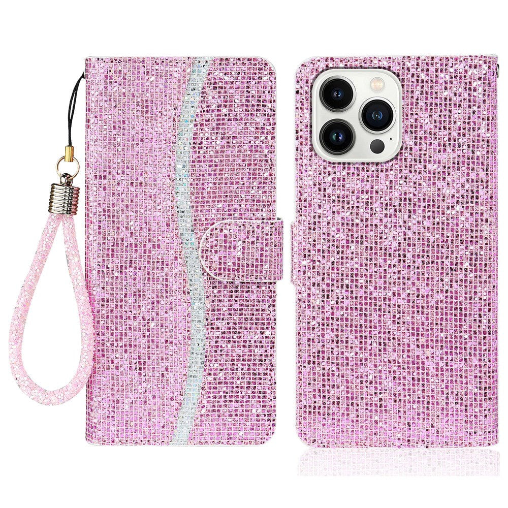 iPhone 15 Pro PU Leather Flip Case with Wallet & Strap - Glitter Design - Pink