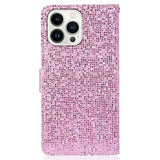 iPhone 15 Pro PU Leather Flip Case with Wallet & Strap - Glitter Design - Pink