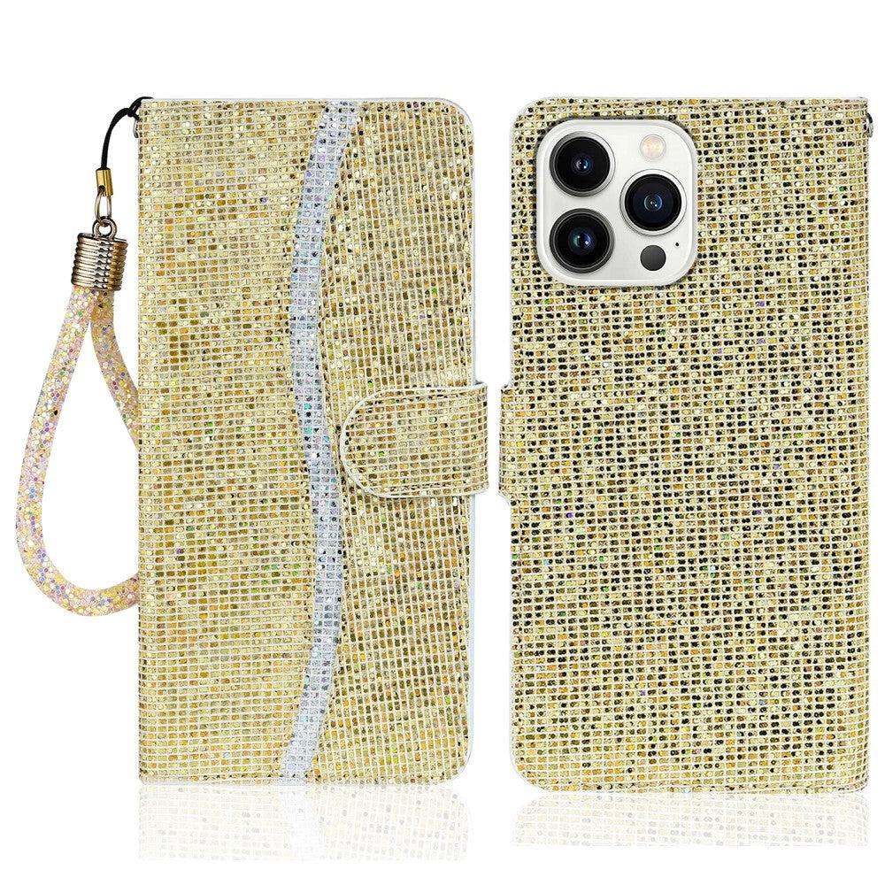 iPhone 15 Pro PU Leather Flip Case with Wallet & Strap - Glitter Design - Gold