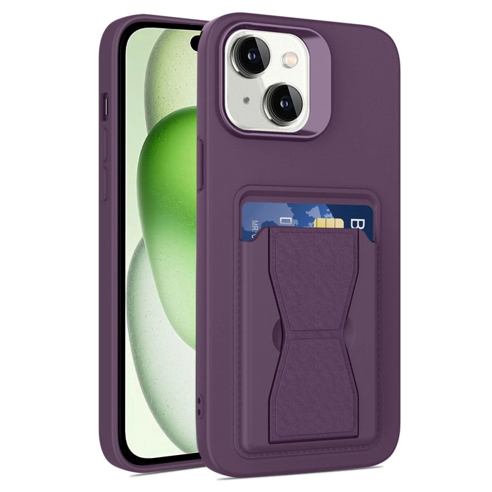 iPhone 15 Flexible Plastic Case w. Card Holder & Kickstand - Dark Purple