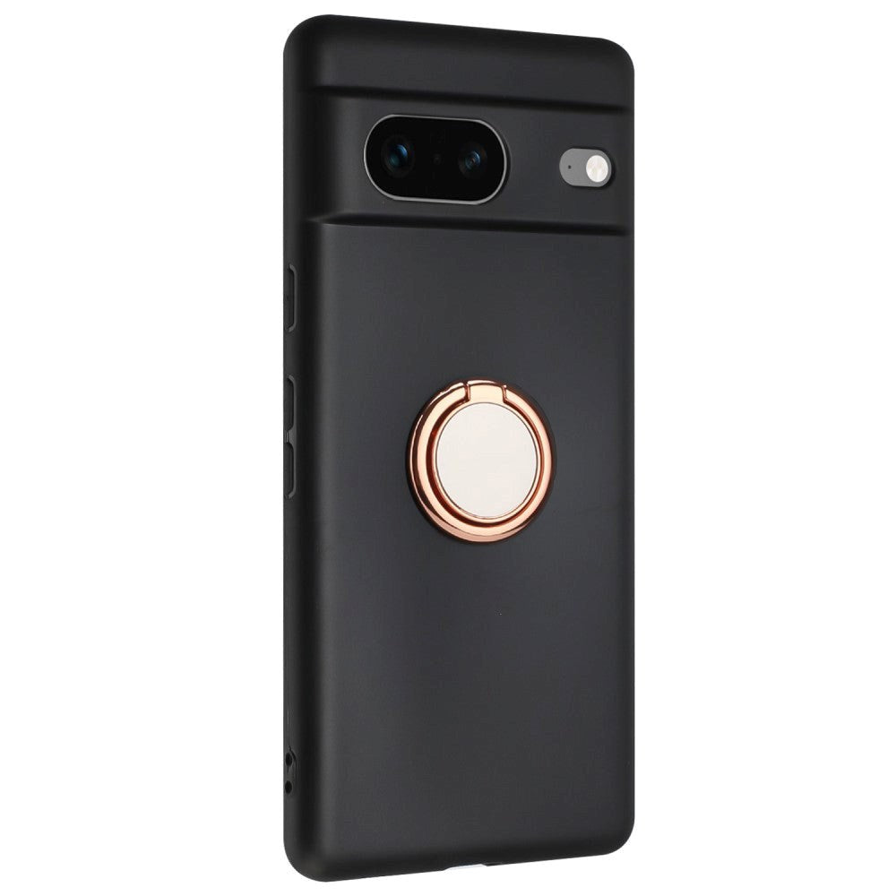 Google Pixel 8a Flexible Plastic Case w. Magnetic Ring Kickstand - Black w. Rose Gold Ring