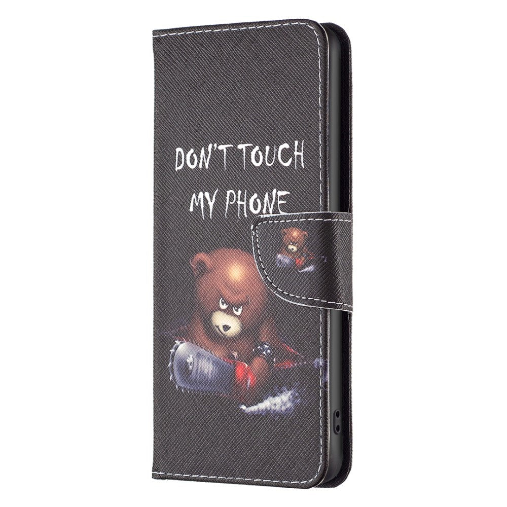 EIDERWOOD Google Pixel 8a Leather Flip Case w. Wallet & Print - "Don't Touch My Phone" - Bear