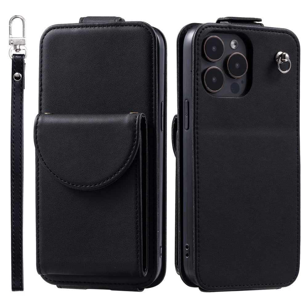 iPhone 15 Pro Vertical Faux Leather Flip Case with Wallet / Stand Function / Strap - Black