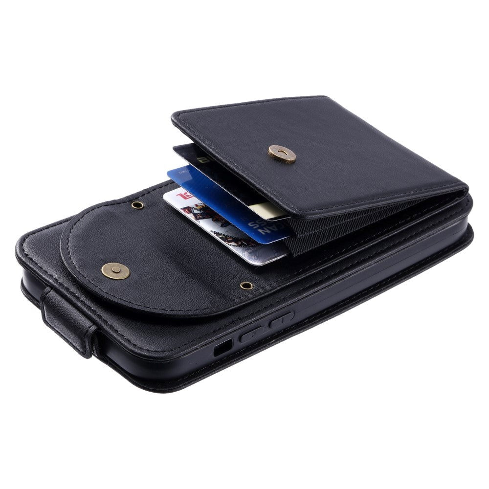 iPhone 15 Pro Vertical Faux Leather Flip Case with Wallet / Stand Function / Strap - Black