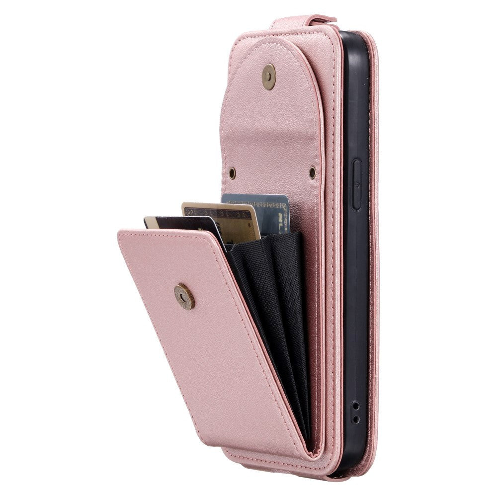 iPhone 15 Pro Vertical Faux Leather Flip Case with Wallet / Stand Function / Strap - Rose Gold