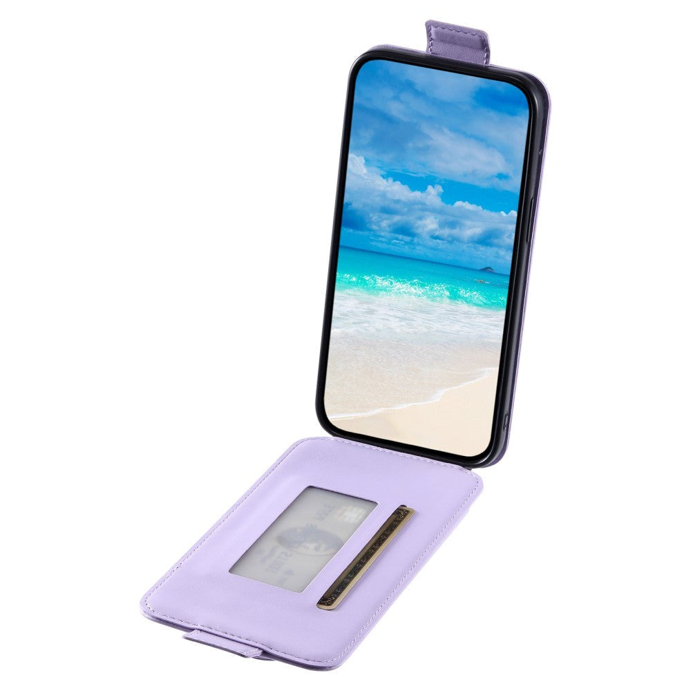 iPhone 15 Vertical Faux Leather Flip Case with Wallet / Stand Function / Strap - Purple