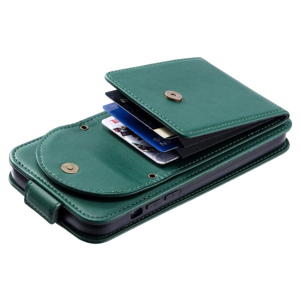 iPhone 15 Pro Max Vertical Faux Leather Flip Case with Wallet / Stand Function / Strap - Green